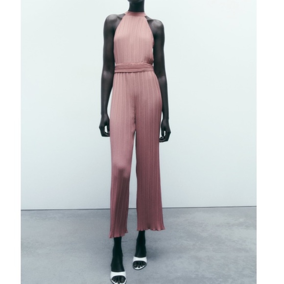 ZARA Medium Jumpsuit Pleated Halter Neck Waistband Wide Leg Trousers Pink - Picture 3 of 6